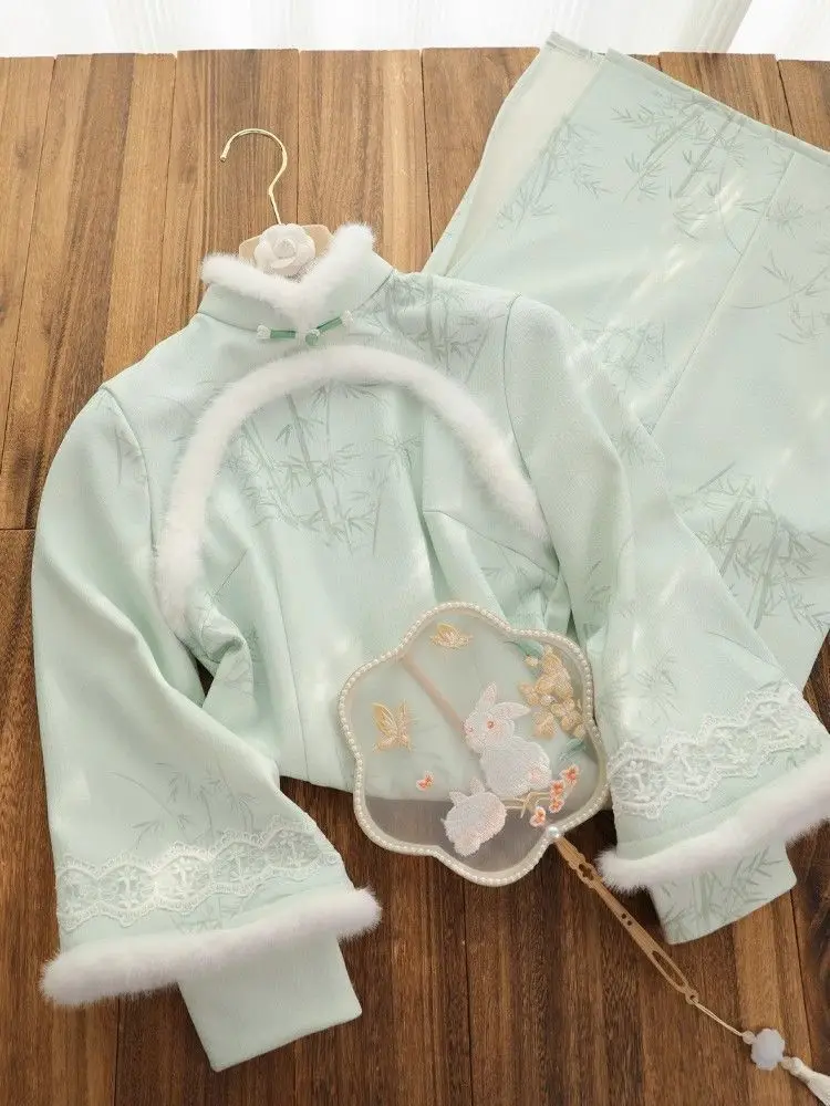 2024 зимнее плюшевое утепленное зеленое платье Cheongsam с большими рукавами новое