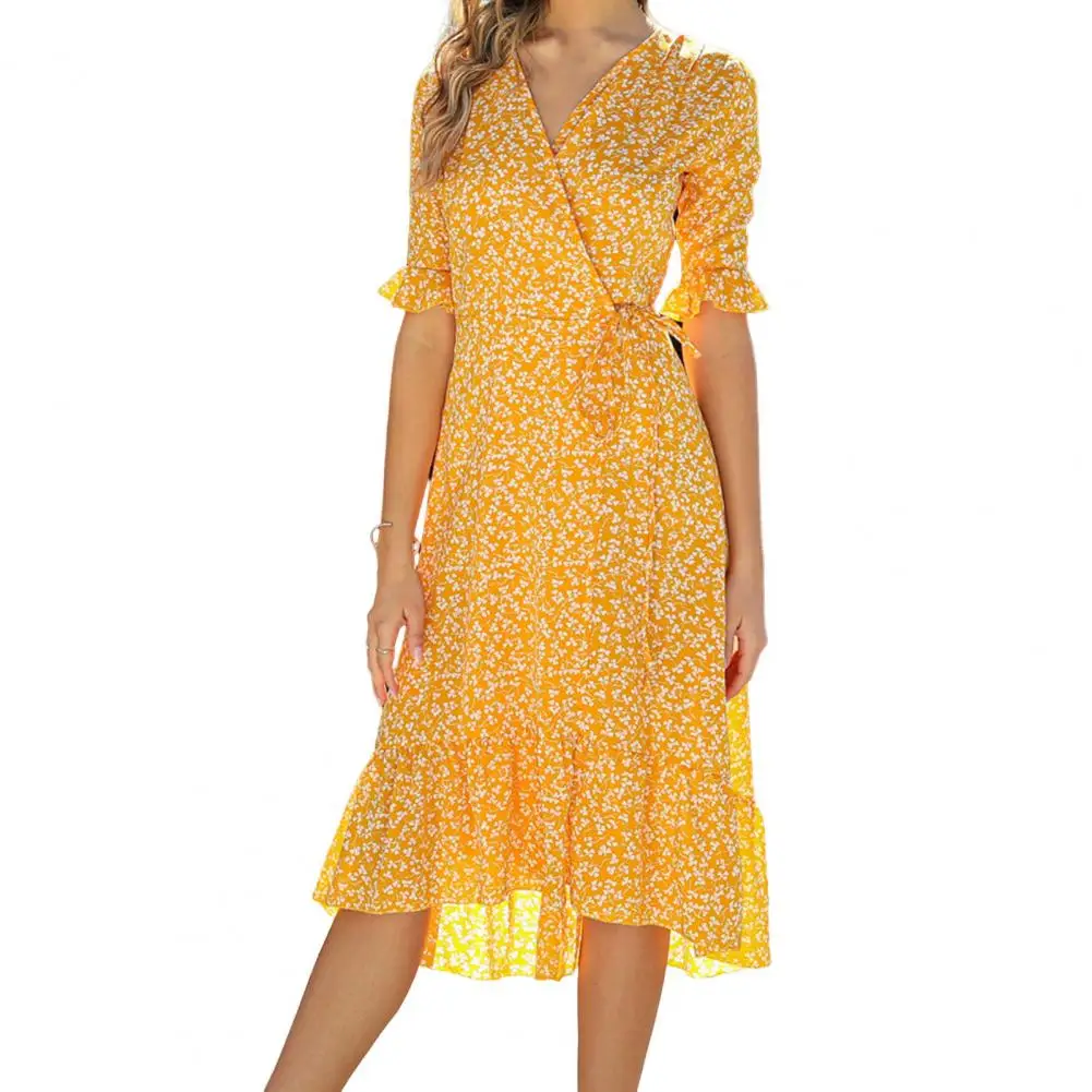 

Trendy Women Dress V-neck Skin-touching Ruffle Short Sleeve Slim Long Dress Casual Dress Midi Dress