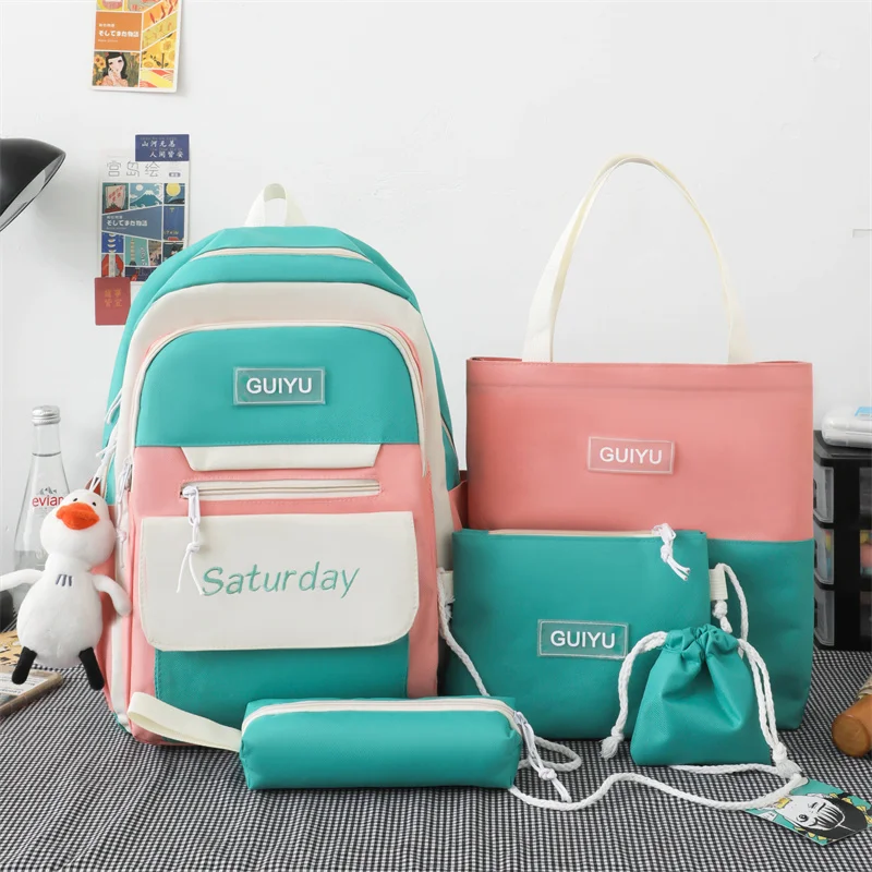 

Модный женский рюкзак с надписью, милый школьный ранец для девочек и мальчиков-подростков, водонепроницаемый дорожный рюкзак, 5 шт.