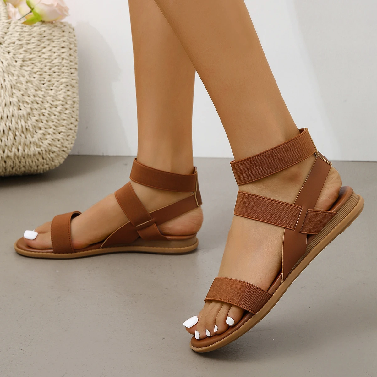 

Women's Summer Sandals Ankle Elastic Solid Color Casual Open-toe Flat Soft Soled Breathable Sandals Light Simple Brown Sandals