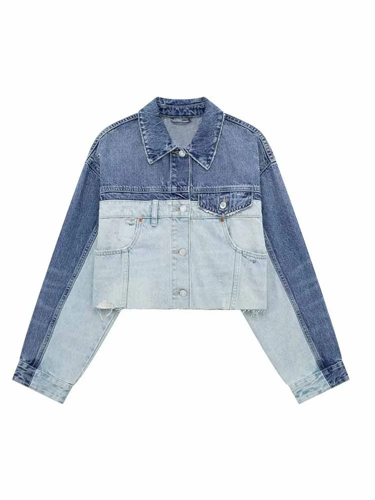 

BSK&ZA&TRF Women New Fashion Patchwork Denim Cropped Jacket Coat Long Sleeve Button-up Female Outerwear Chic Overshirt 4365/071