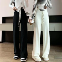 waffle puff wide leg pants womens spring and summer new loose drawstring elastic high waist mopping vertical straight trousers