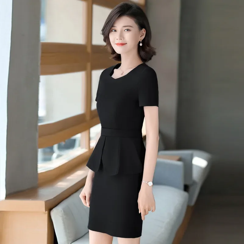 Women's Summer Thin Fashionable Elegant Short Sleeves Professional Suit Front Office Dress Pearl Jewelry Store Workwear