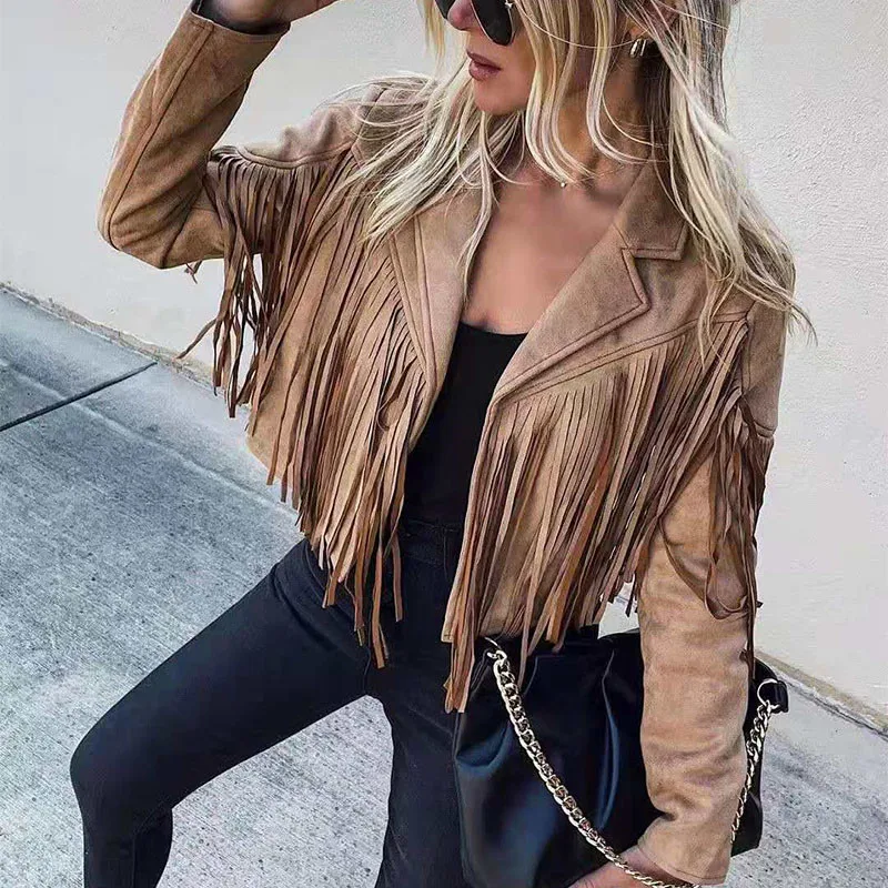 

Women's Cropped Fringe Tassel Jacket Long Sleeve Lapel Suede Leather Motor Biker Jackets Top Casual Cardigans Outwear