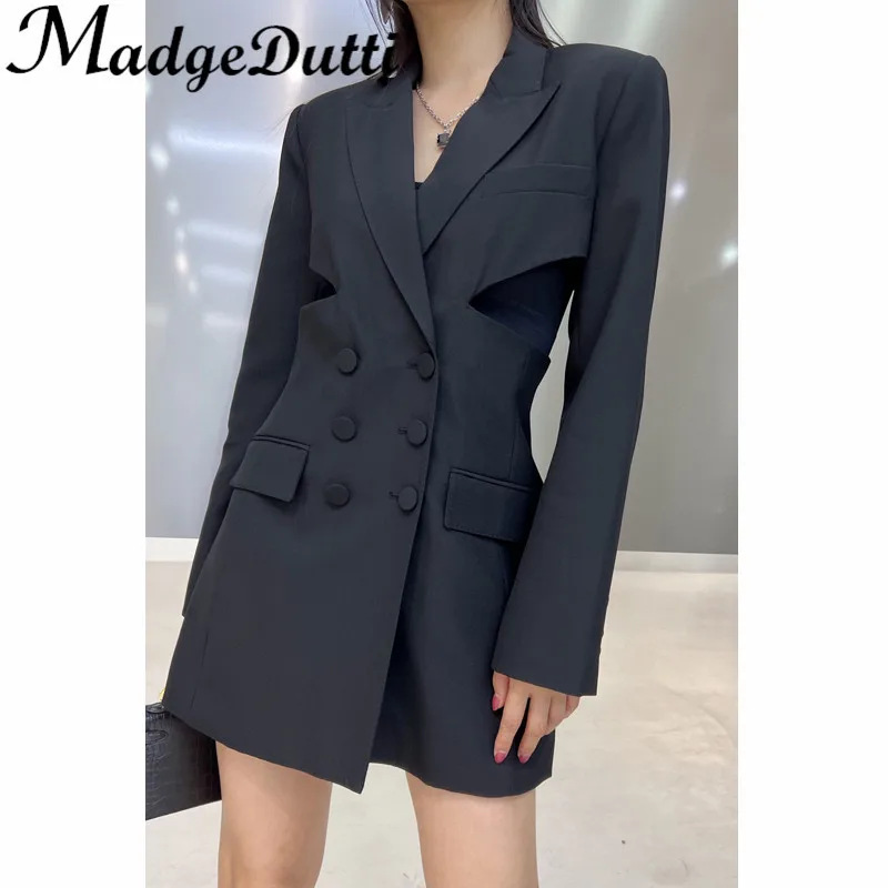 

10.7 MadgeDutti Temperament Fashion Sexy Expose Waist Hollow Out Double Breasted Blazer Dress Women