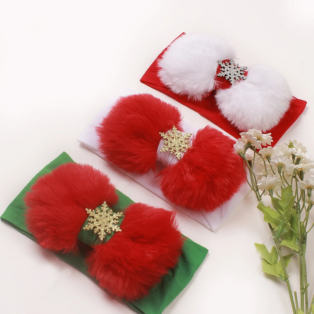 

30 Pcs/Lot, 18 CM Fur Bow Nylon Headband Baby kids Nylon Girls Head Wraps Christmas Snow Pom Pom Xmas Party hair accessories