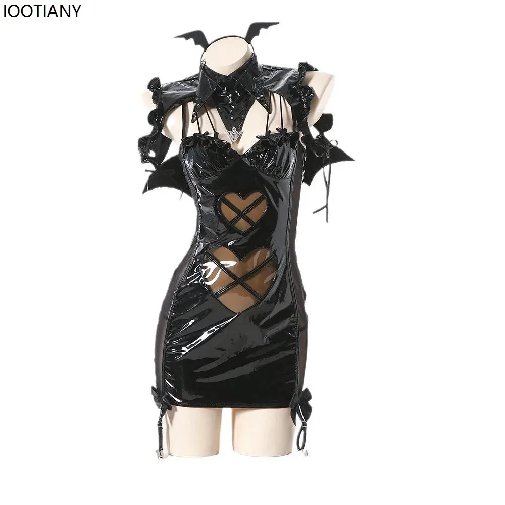 Черно-белый костюм для косплея с ангелом на Хэллоуин кожаное платье крыльями