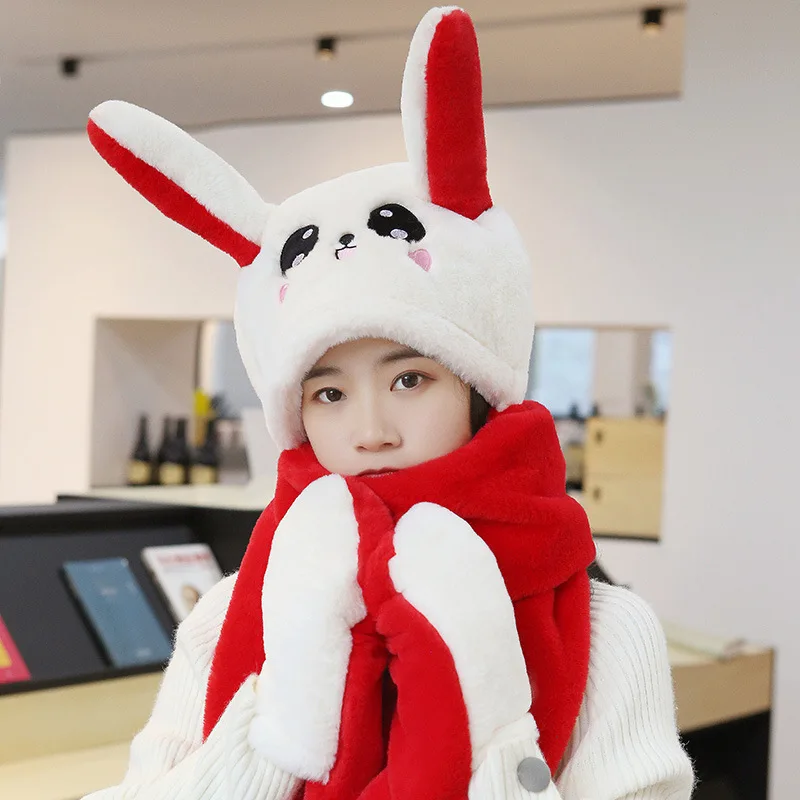 

Cute bunny Hat Scarf Gloves Three-piece Set Keep Warm Hat Fashion One-piece Cute Velvet Thickened Ear Cap RYXMAO95