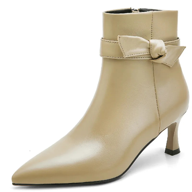 

Dilalula Elegant Women Ankle Boots Pointed Toe Thin Heels Genuine Leather Butterfly Knot Shoes Woman Autumn Winter Office Party