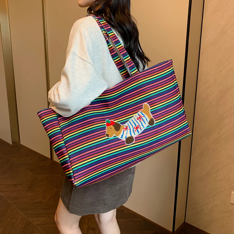 Модная универсальная Вместительная женская сумка-тоут в полоску на одно плечо