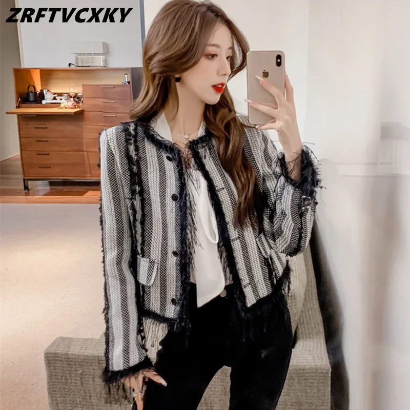 

Luxury Tassel Tweed Jackets Women Single Breasted Streetwear Coat Top Autumn Winter Woolen Cardigans Office Lady Runway Outwear