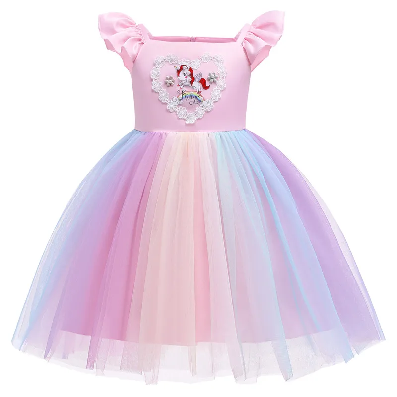 

Jumping Meters Unicorn Applique Princess Party Tutu Girls Dresses Rainbow Mesh Children's Clothing Hot Selling Baby Costume