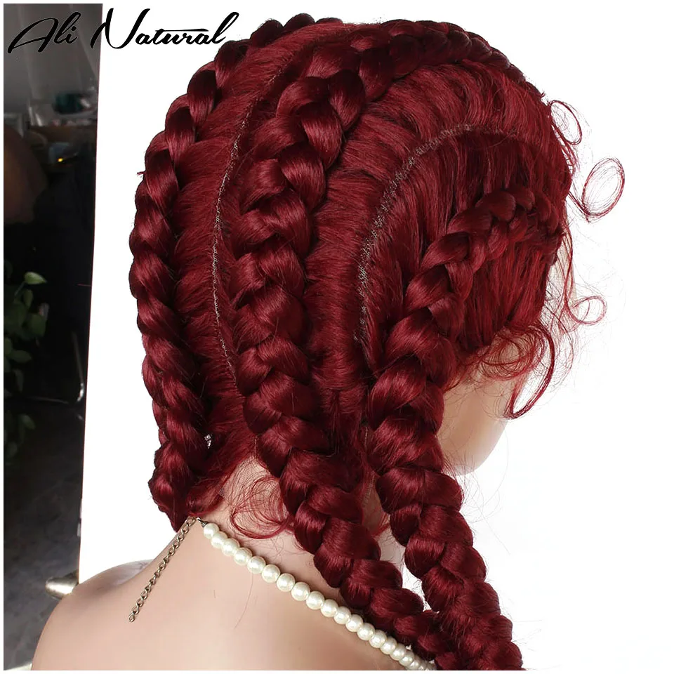 99J Color Box Braids wig African 4 braids Braided 360 Lace Wig For Black Women Dark Burgundy Synthetic Heat Resistant Fiber