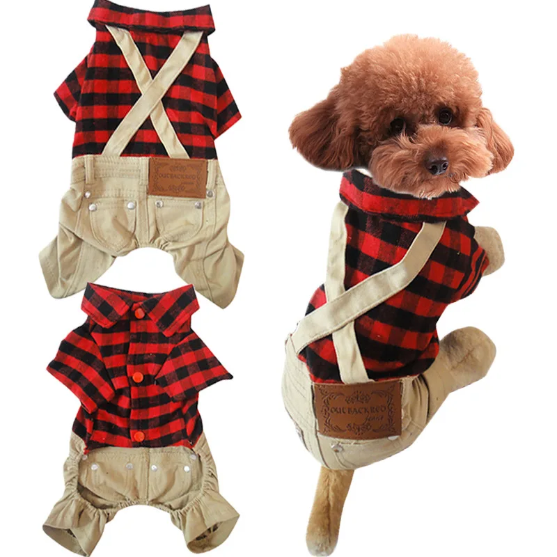 

Spring Summer British Style Brushed Cotton Plaid Overalls Small Dog Clothing