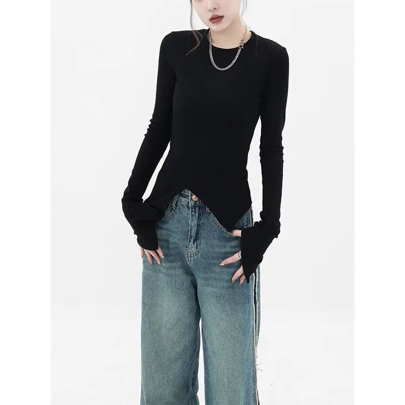 

Fashion Black Slim Knit Long Sleeve Base Shirt Autumn and Winter New Design Sense Slit Splicing Round Neck Inside Top