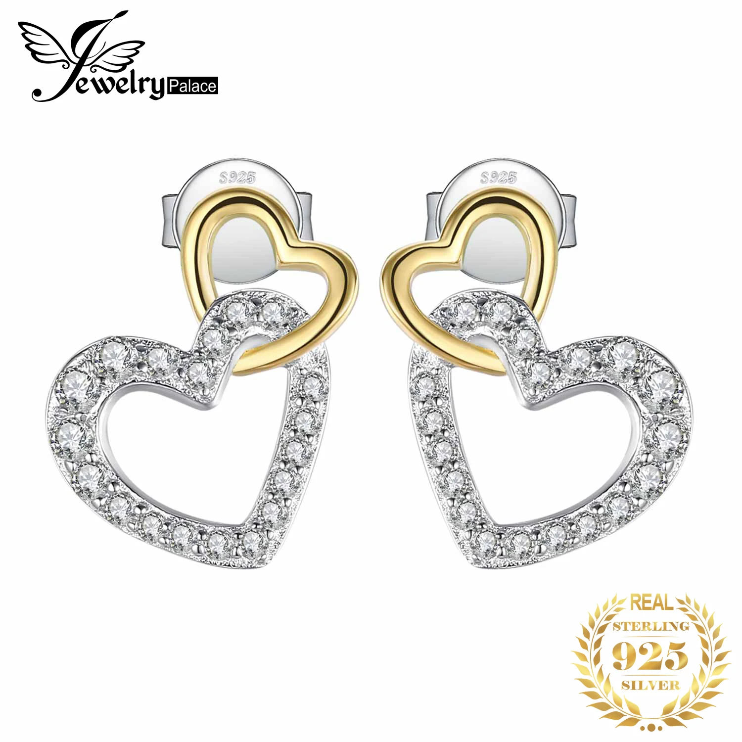 JewelryPalace Love Heart Gold 925 Sterling Silver Stud Earrings for Women Fashion Cubic Zirconia Simulated Diamond Earrings