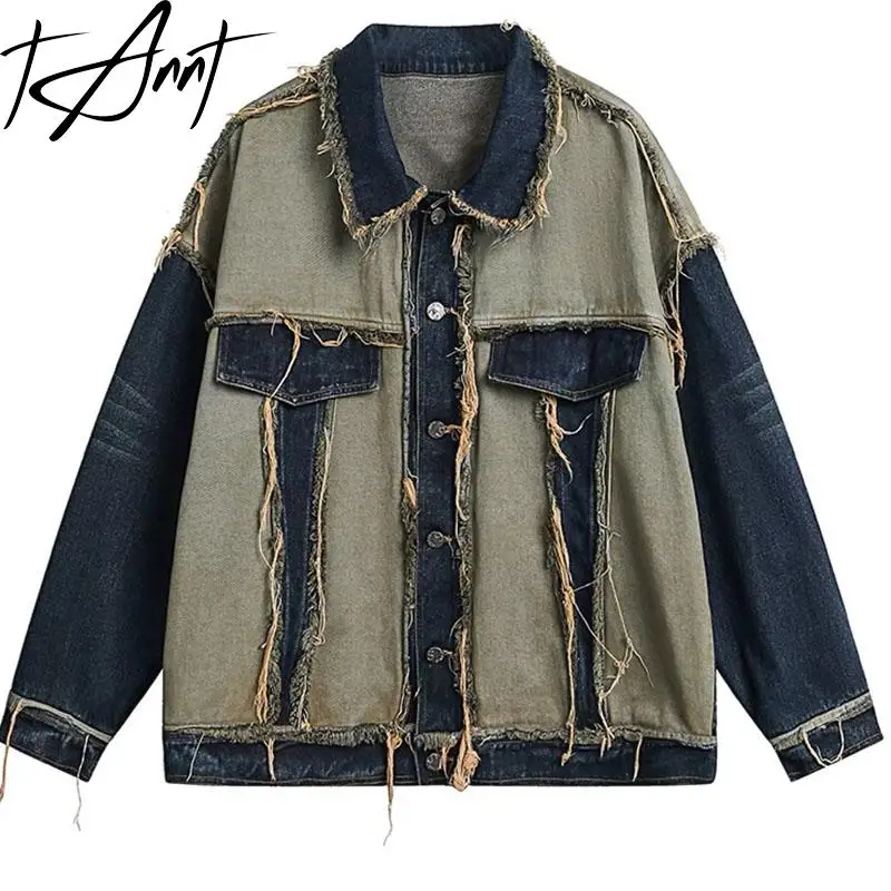 

Tannt Women Coat Tassels Patchwork Color Matching Denim Jackets Irregular Blue Vintage Fashion Oversize Jacket Coats Women 2023