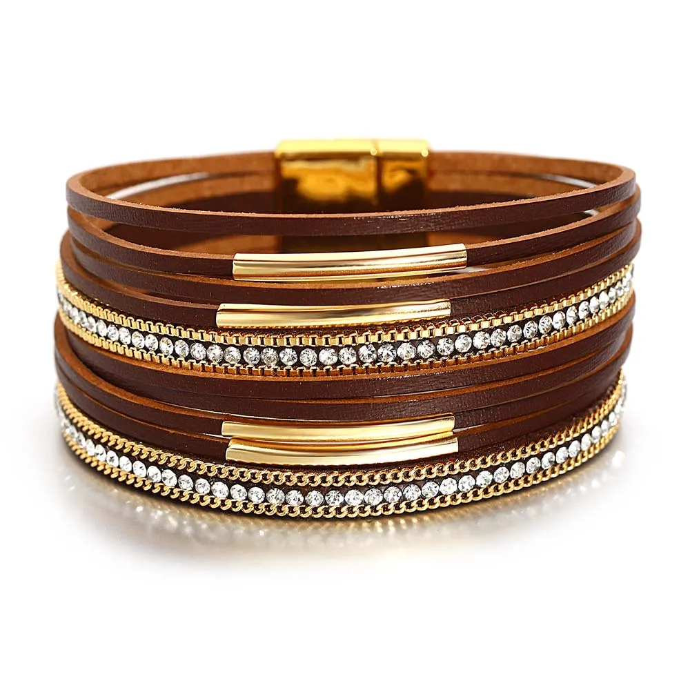 

Amorcome Curved Tube Charm Slim Leather Bracelets for Women Fashion Ladies Bohemian Rhinestone Wide Wrap Bracelet Female Jewelry
