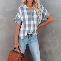 womens clothing 2022 spring and summer new plaid short sleeved shirts office womens printing v neck loose casual tops women