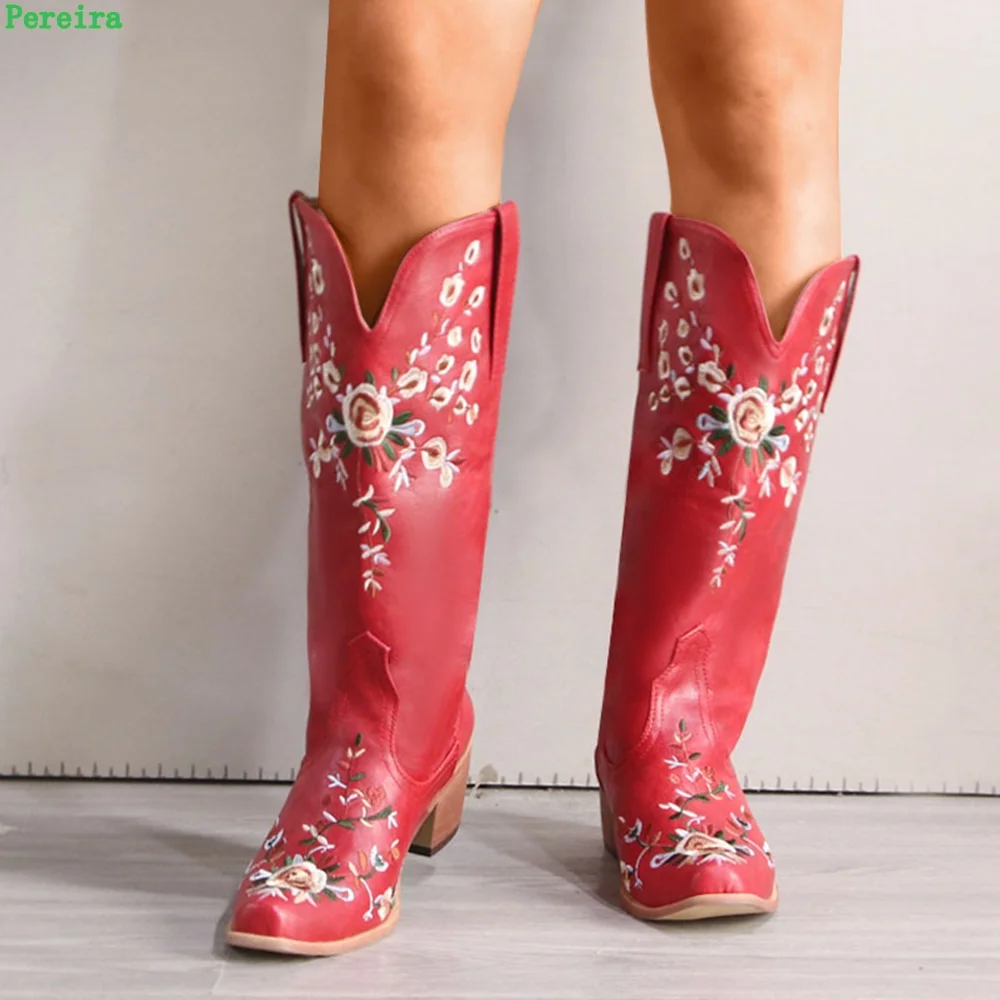 Red Embroidery Boots Women's 2022 New Arrival Winter Round Toe Chunky Heel Zipper 34-43 Size Sexy Fashion Show Party Shoes