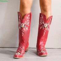 red embroidery boots womens 2022 new arrival winter round toe chunky heel zipper 34 43 size sexy fashion show party shoes