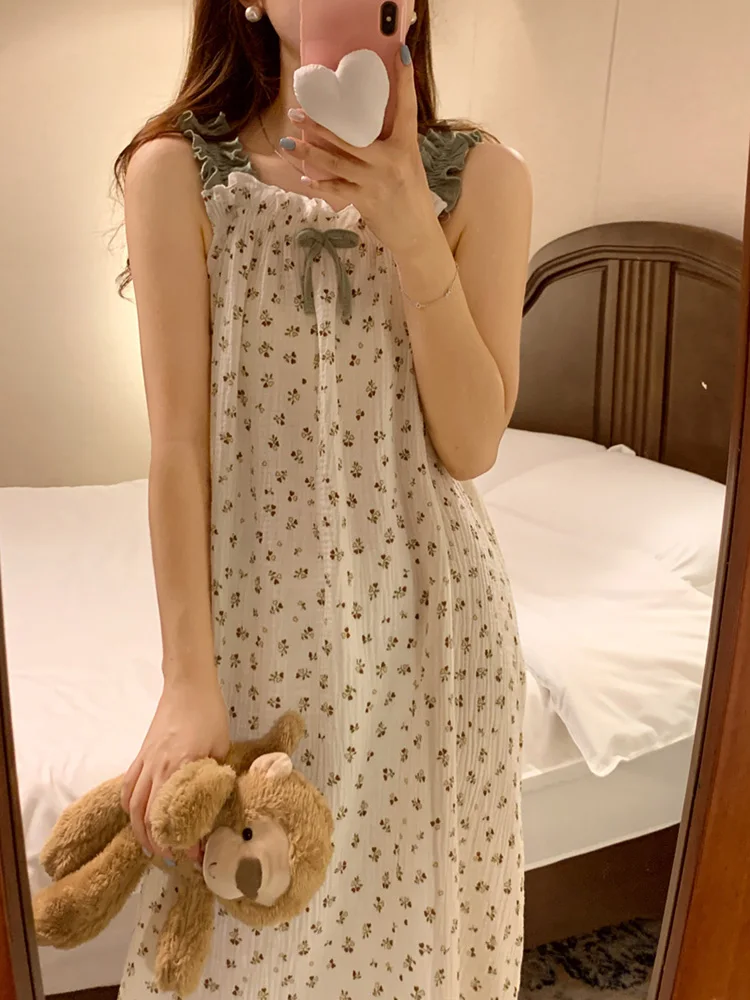 

Love Summer Home Cute Girlish Style Sling NightDress Women Sleeveless Simple Princess Sweet NightDress Korean Fashionable Ins