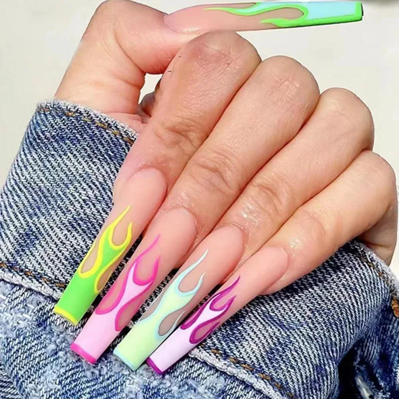 

Neon Fire French Finished Fake Nails Nude Base Flame Long Coffin Detachable AcrylicTips Skin Pink Press on Nail Fake Tips 24pcs