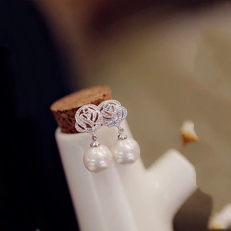 

New Silver Color Simulated Pearl Drop Earrings for Women Shiny Cubic Zirconia Romantic Bridal Wedding Engagement Jewelry Trend