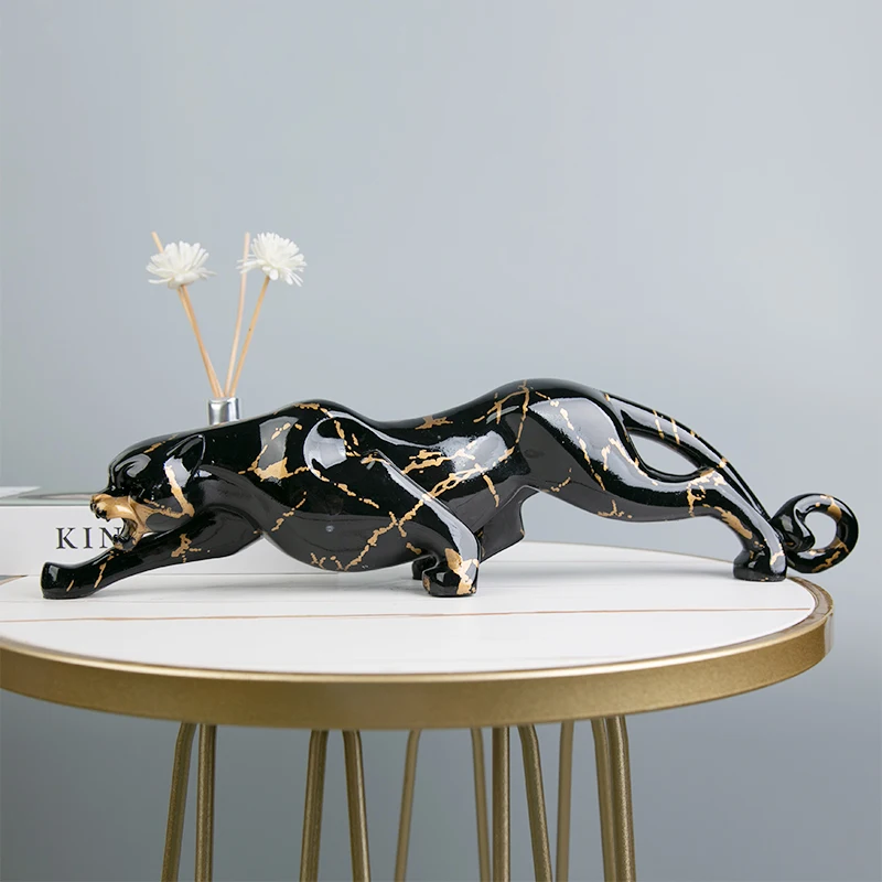 

46CM Nordic Creative Art Dark Panther Figurines Black Gold Leopard Animal Statue Wild Power Crafts Home Decors Desktop Ornaments