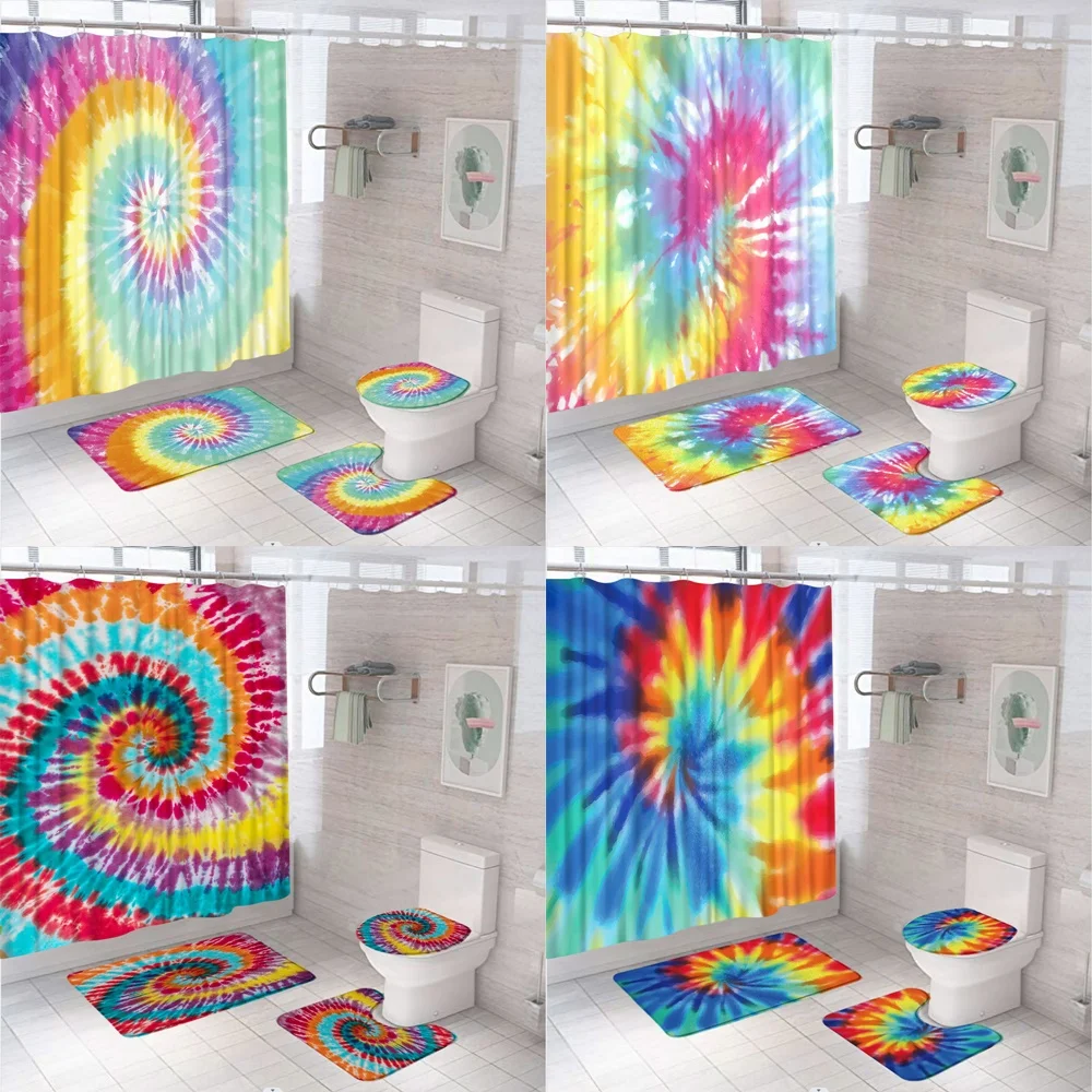 

Tie Dye Shower Curtains Sets Colorful Rainbow Spiral Psychedelic Boho Hippie Bathroom Curtain Non-Slip Rug Bath Mat Toilet Cover