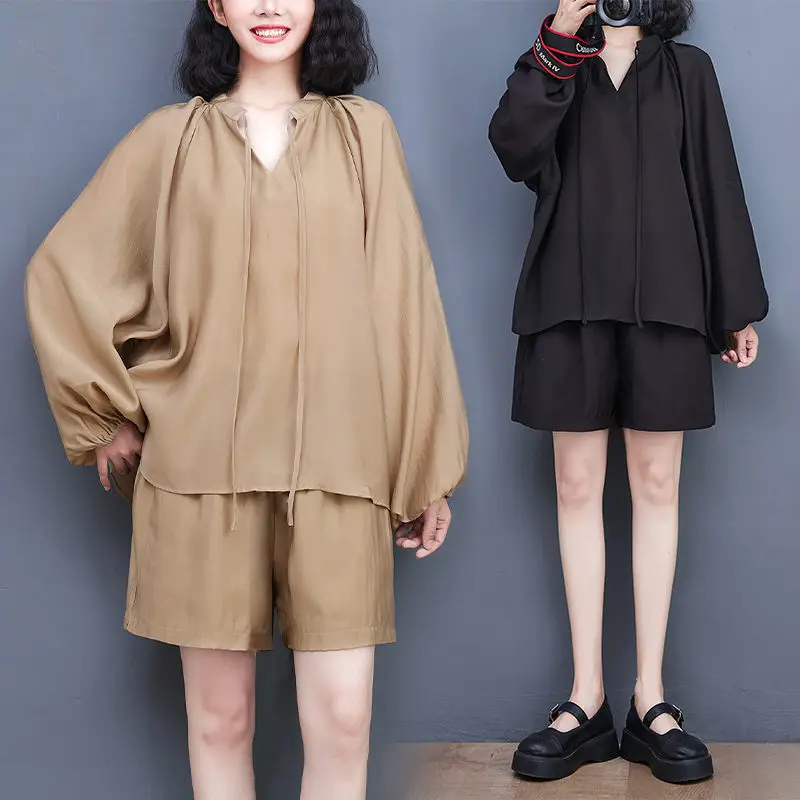 

Large Size Women's Two Piece Fashion Suit Summer Loose Thin Section Sunscreen Shirt Wide Leg Shorts Set Casual Tracksuits T064