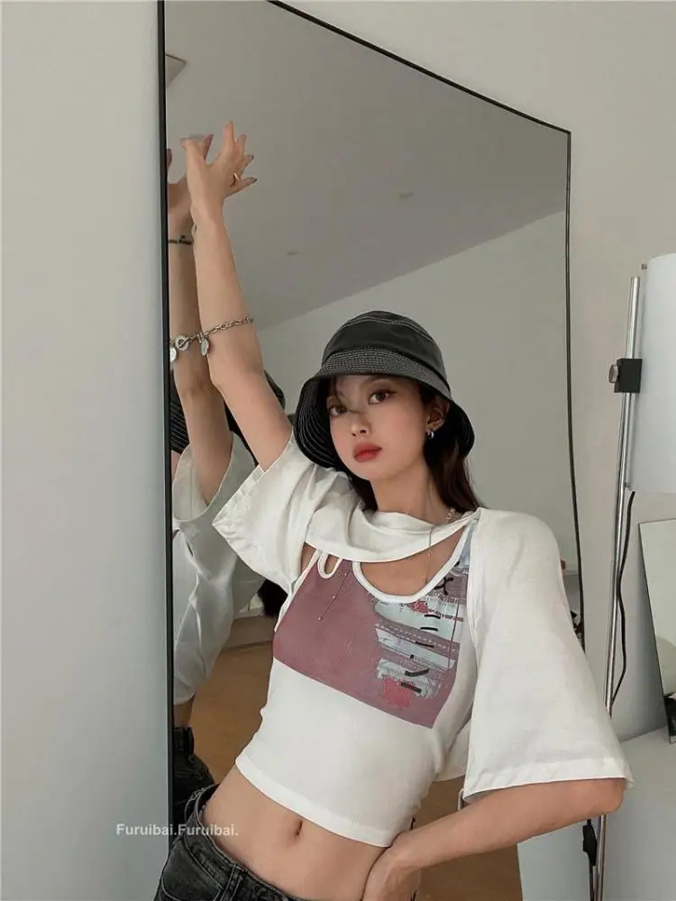 

Seeslim Gothic Women T-shirt Print Two Piece Tops Short Sleeve Y2k Vintage Crop Tops Grunge Aesthetic Tshirts Summer Fashion