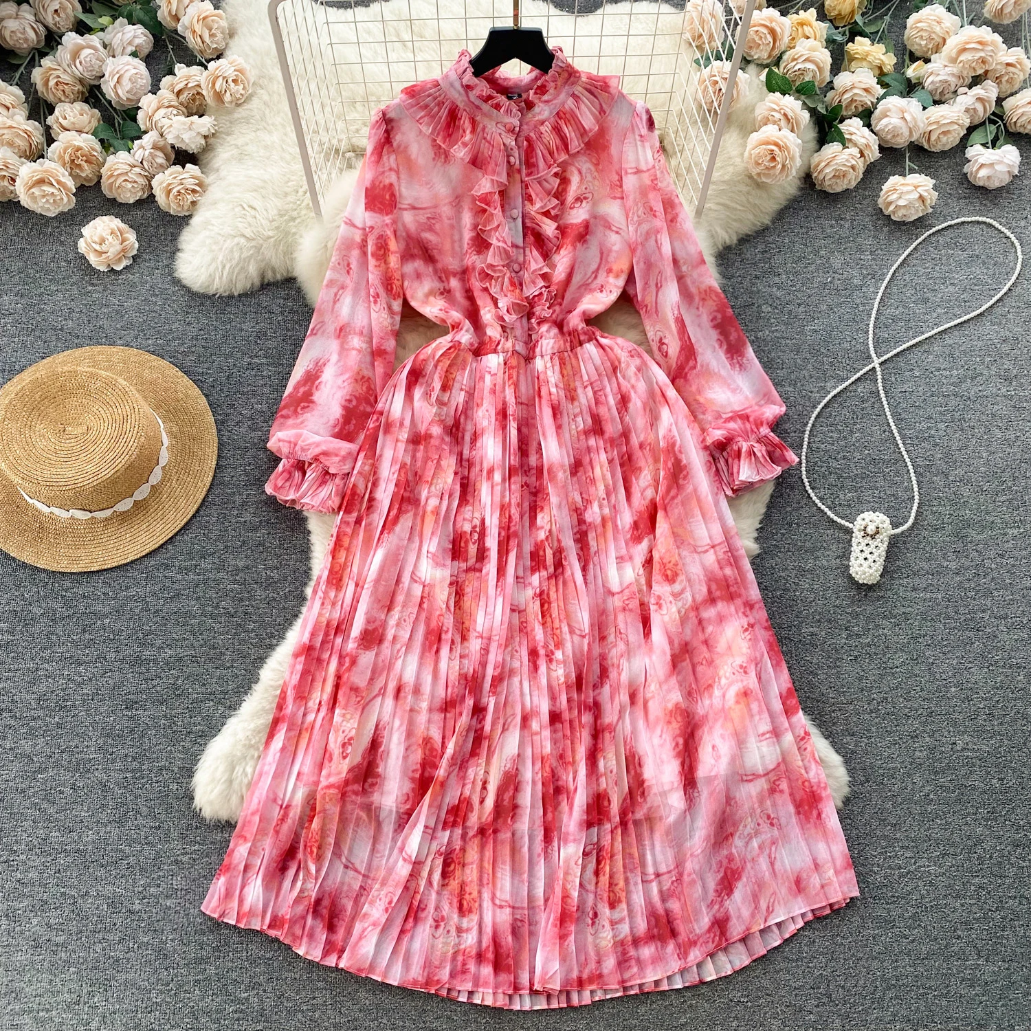 

Clothland Women Sweet Ruffled Pleated Dress Long Sleeve Elastic Waist A Line Female Cute Midi Dresses Vestido Mujer QD093