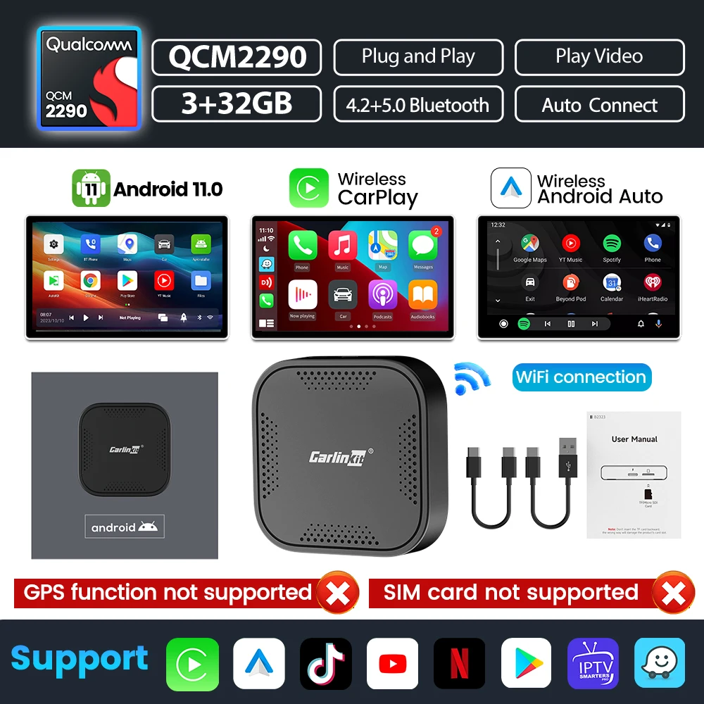 

Беспроводной адаптер Carlinkit Pro Android Auto 64 ГБ Ai Box для автомобильного радио Поддержка Spotify Netflix Youtube Google Play 8-ядерный процессор