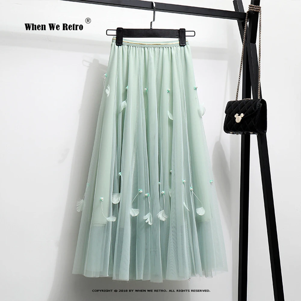

Сетчатая юбка с вышивкой из зеленых перьев, новая весенняя Милая длинная юбка миди с высокой талией, трапециевидная юбка-качели из тюля RS141