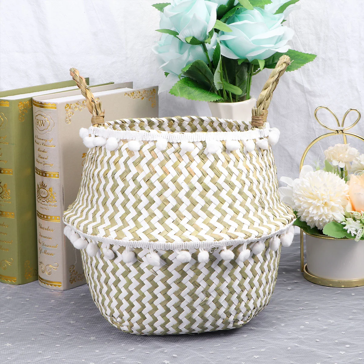 

Basket Woven Storage Laundry Hamper Baskets Seagrass Hand Macrame Flower Baby Pot Wicker Rattan Cloth Bin Clothes Toy Blanket
