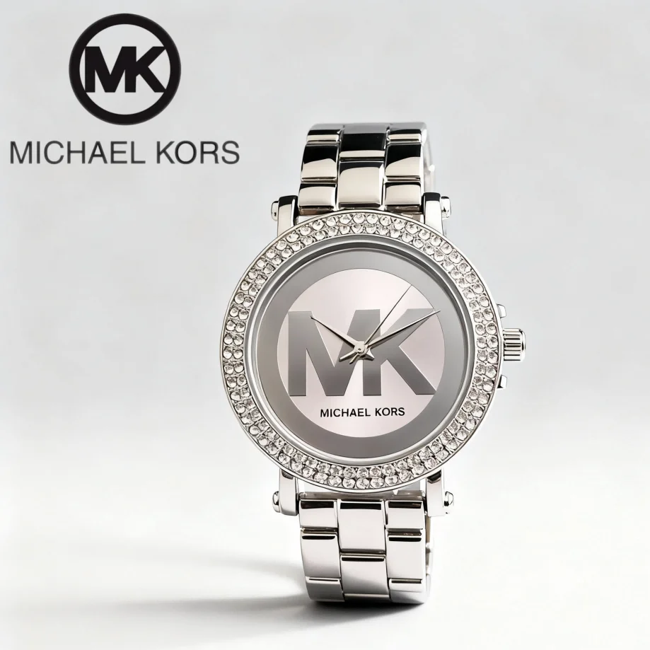 Фото Женские модные часы Michael Kors, роскошные повседневные деловые кварцевые часы, многофункциональный таймер с циферблатом из сплава, инкрустированным бриллиантами №1