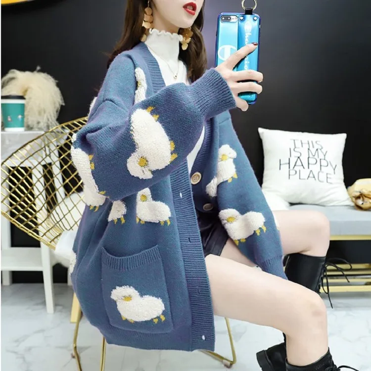 

Japanese Sweater Coat Women's 2023 Autumn/Winter Outwear New Slouchy Style Wide Soft Milk Blue Knitted Cardigan Fashion