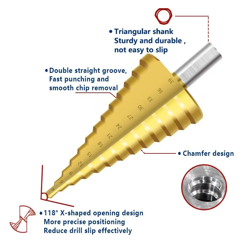 Ступенчатое сверло XCAN 4-39 мм быстрорежущая сталь с прямым желобом Оловянным