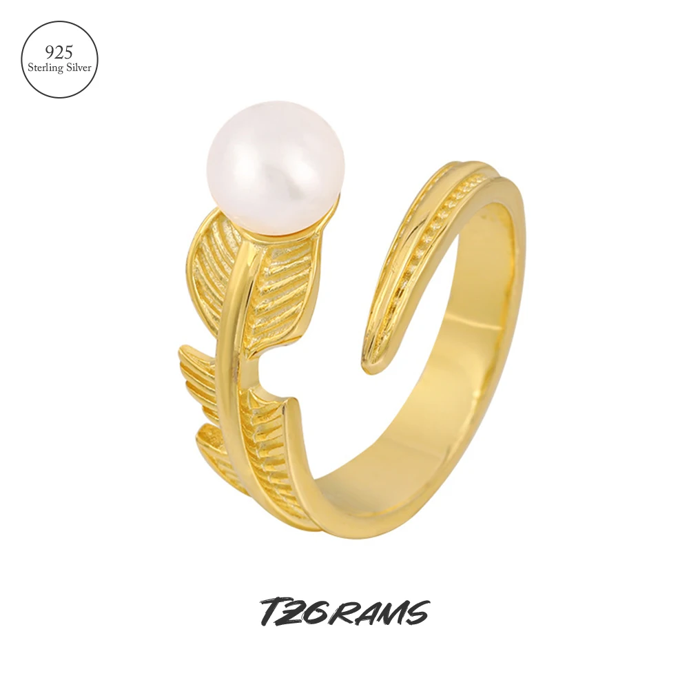 

925 Sterling Silver Feather Ring With Natural Freshwater Pearl Gold Plated Jewelry Opening Type Birthday Party Accessories