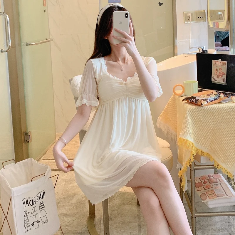 

2022 Summer Short Sleeve Sexy lace V-neck Lingerie Modal Nightgown for Women Korean Sleepwear Nightdress Night Dress Home Nighty