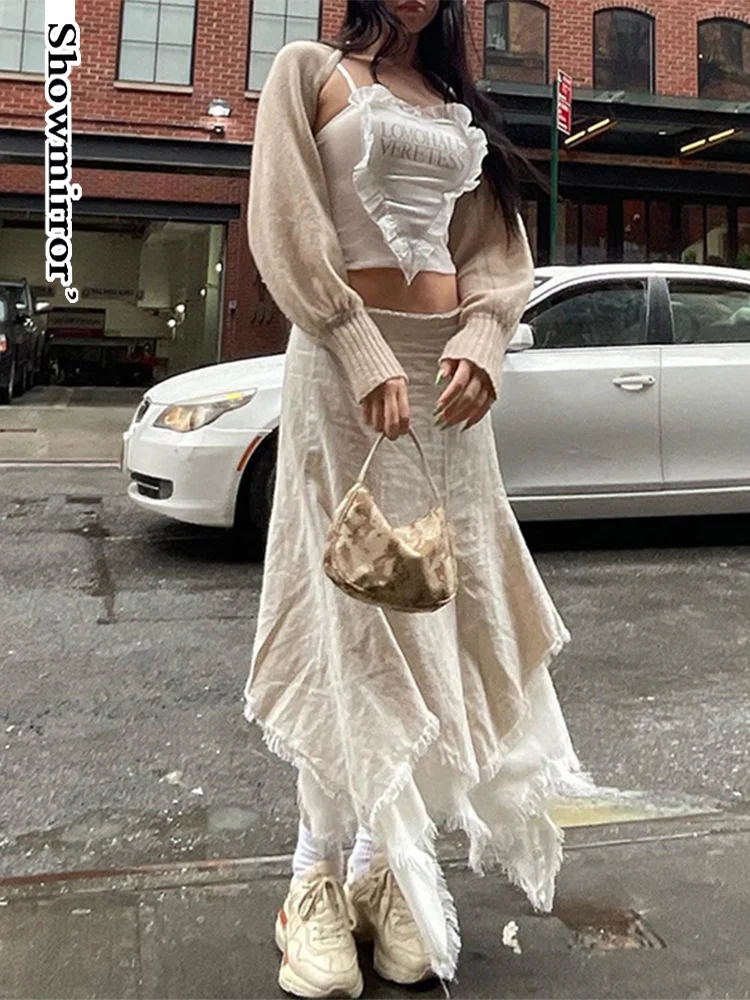 

Showmirror в стиле Харадзюку, милый атласный кроп-топ с оборками, женский прозрачный пикантный Топ Y2k в стиле пэчворк, модная уличная одежда