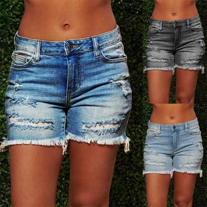 

Blue Ripped Denim Shorts With Tassel Pockets Women 2021 Summer Streetwear High Waist Button Up Sexy Hole Rave Jean Shorts