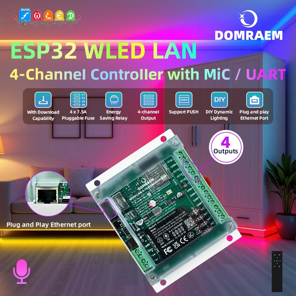 Фото НОВИНКА 2026: 4-канальный контроллер ESP32 Ethernet WLED с независимыми предохранителями 20А/30А для монтажа на DIN-рейку, DIY WiFi синхронизация музыки для светодиодных лент WS2811/12 RGB №1
