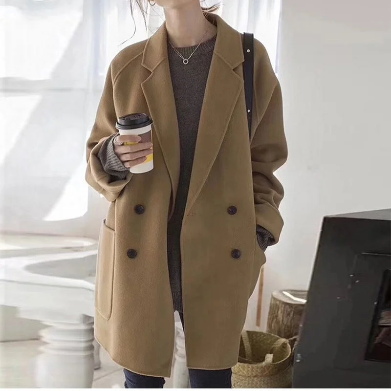 

Winter Loose Wool Blend Coat Autumn Warm Casual Commute Outwear England Style Women Lapel Single Breasted Solid Colors Overcoats