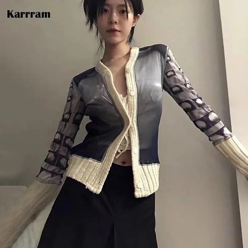 

Karrram Y2k Aesthetics Cardigan Grunge Mesh Patchwork Coat Korean Fashion Designer Clothes Fairycore Vintage Knitwear Harajuku
