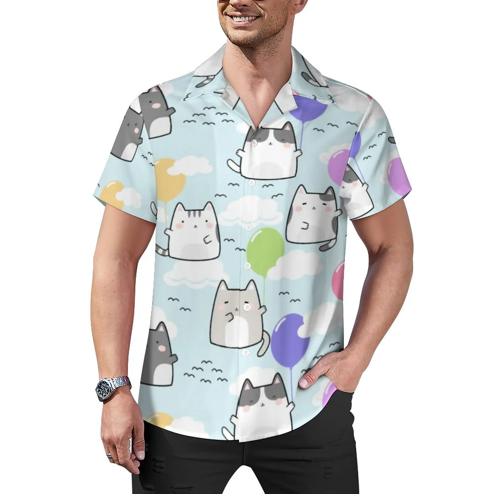 

Забавная пляжная рубашка с японским аниме, милые летние повседневные рубашки с милыми кошками, мужские Ретро Блузки, одежда с коротким рукавом и графическим принтом, большой размер