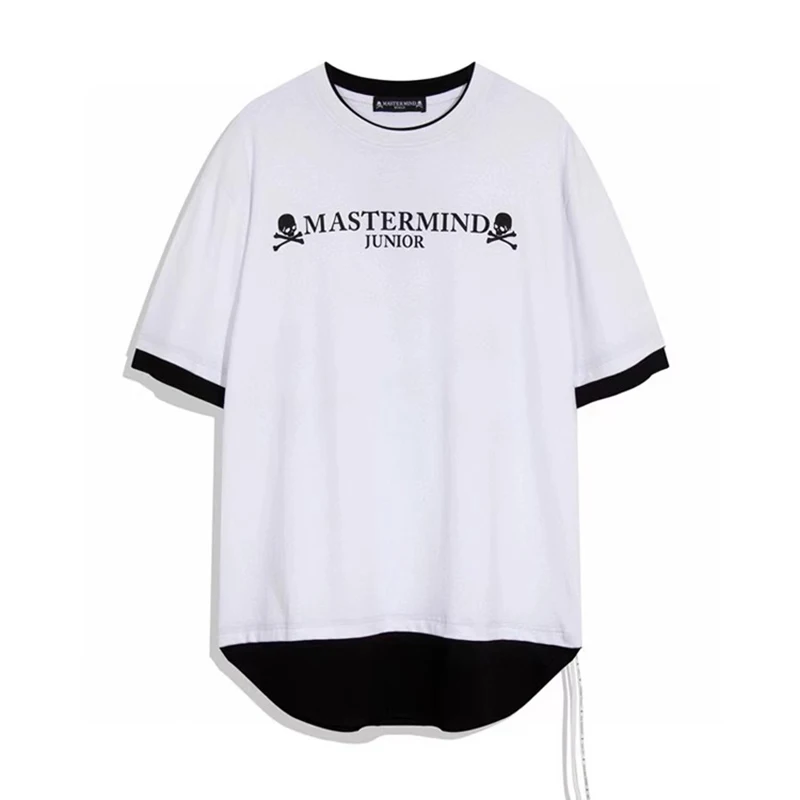 

MASTERMIND MMJ JAPAN Summer Teen Half-Sleeve T-Shirt with Printed Skulls Faux Two-Piece Short Sleeve Tee with Skull Prints