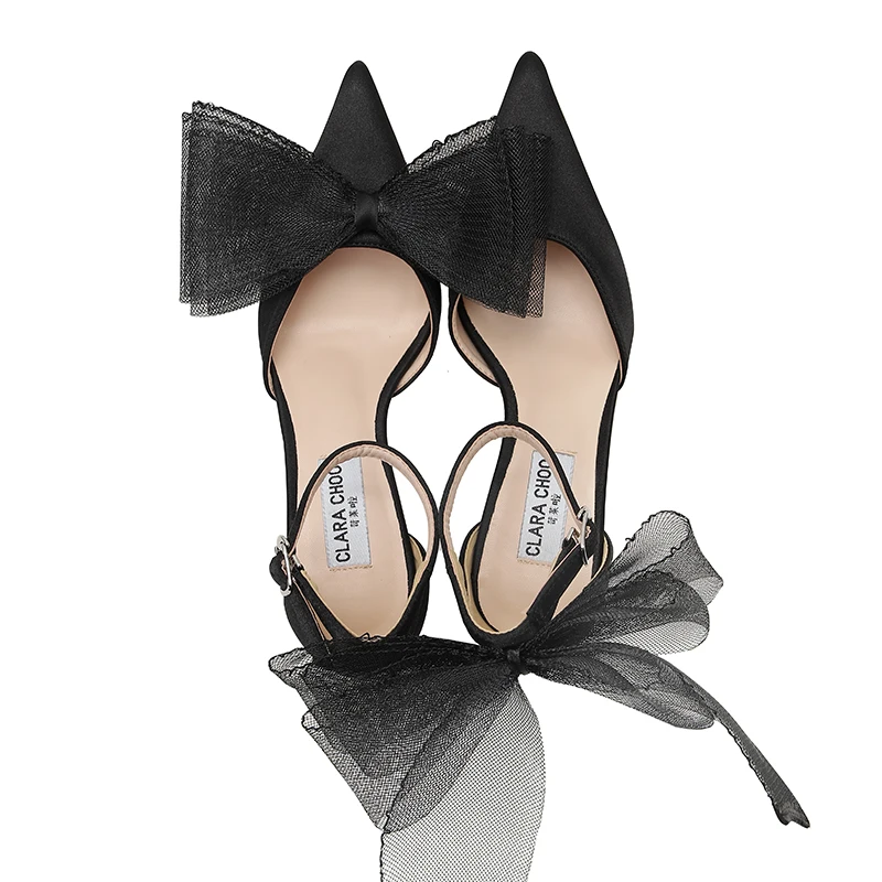 Сандалии женские с острым носком тканевые туфли бантом на шпильке тапочки