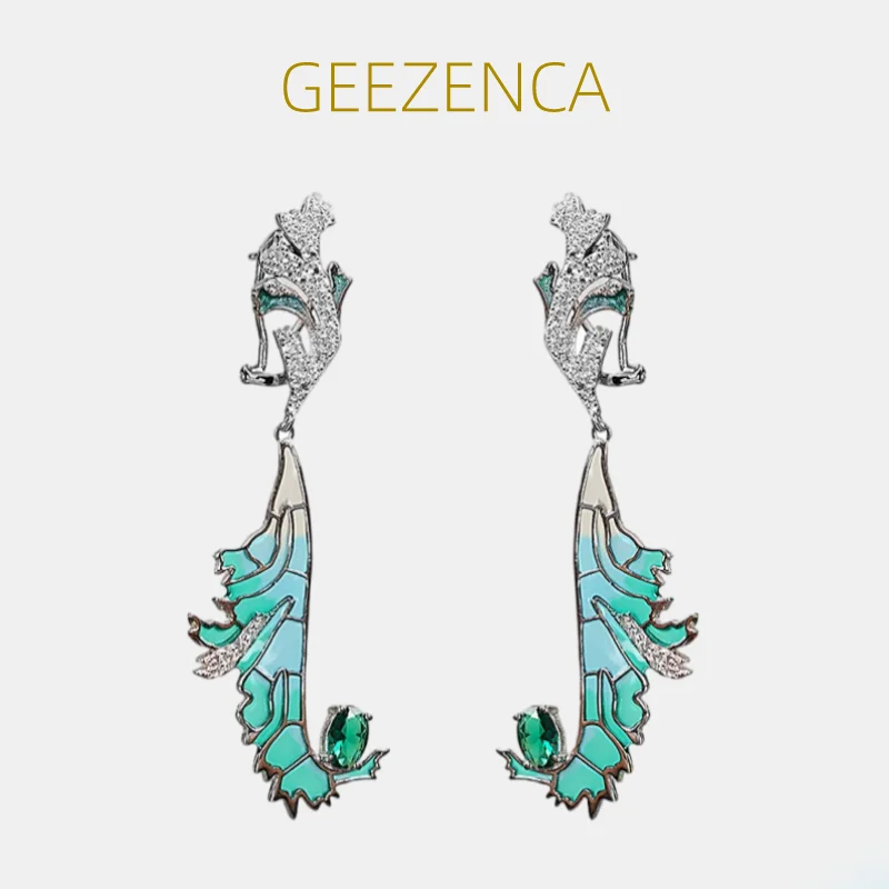 

GEEZENCA 925 Sterling Silver Enamel Dangle Earrings Women Blue Cloisonne Irregular Geometric Chic Unique Earring 2023 New Gift